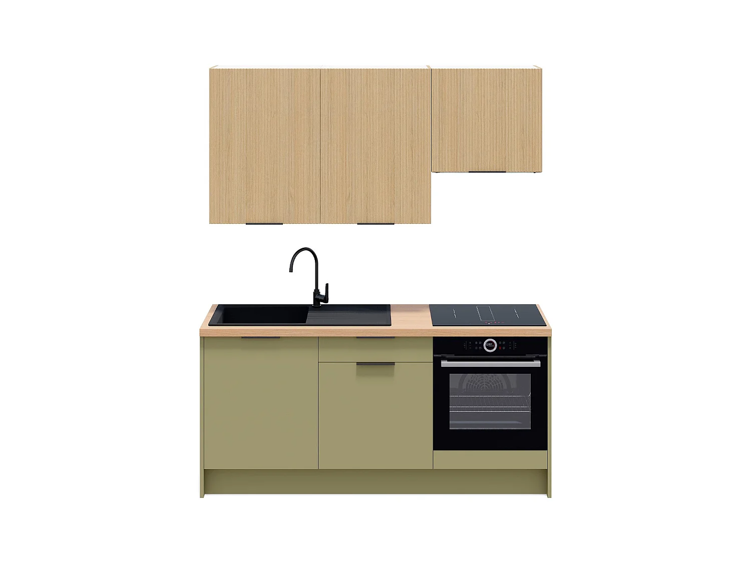 Ensemble de 6 meubles de cuisine - L. 185 cm - vert olive et chêne clair cannelé - Luzia Mix