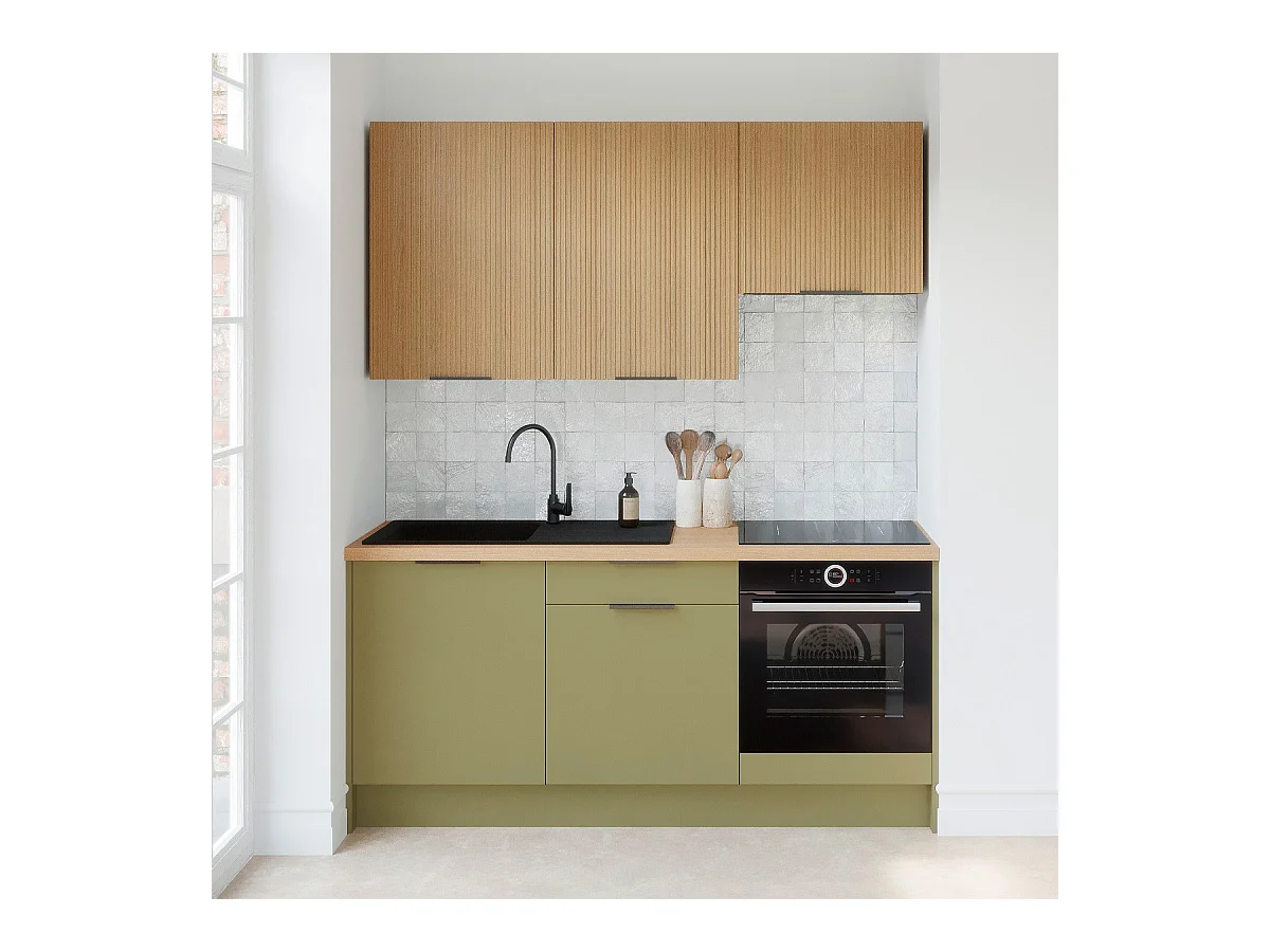 Ensemble de 6 meubles de cuisine - L. 185 cm - vert olive et chêne clair cannelé - Luzia Mix