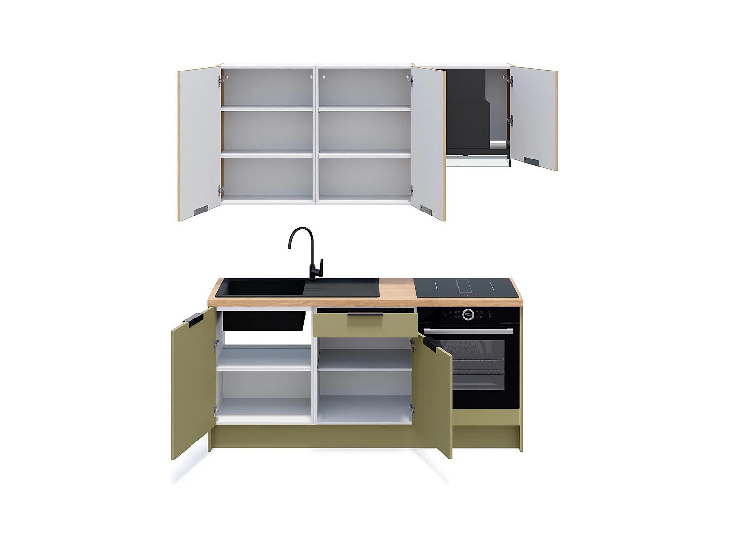 Ensemble de 6 meubles de cuisine - L. 185 cm - vert olive et chêne clair cannelé - Luzia Mix