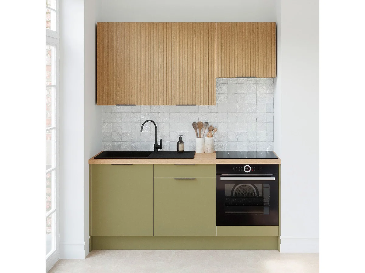 Ensemble de 6 meubles de cuisine - L. 185 cm - vert olive et chêne clair cannelé - Luzia Mix