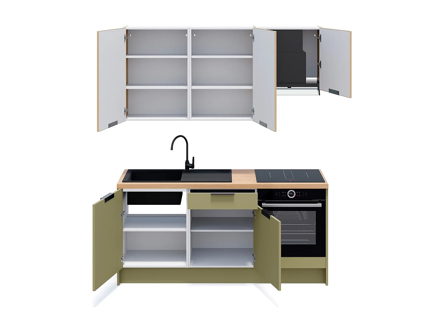 Ensemble de 6 meubles de cuisine - L. 185 cm - vert olive et chêne clair cannelé - Luzia Mix