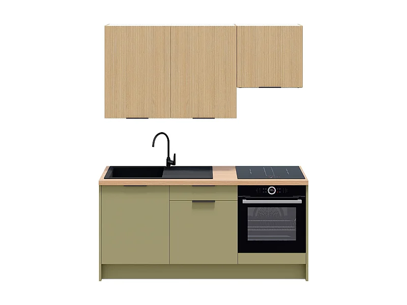 Ensemble de 6 meubles de cuisine - L. 185 cm - vert olive et chêne clair cannelé - Luzia Mix