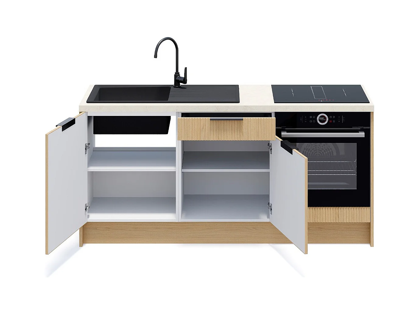 Meubles bas de cuisine - L. 185 cm - chêne clair cannelé - Sierra Mix