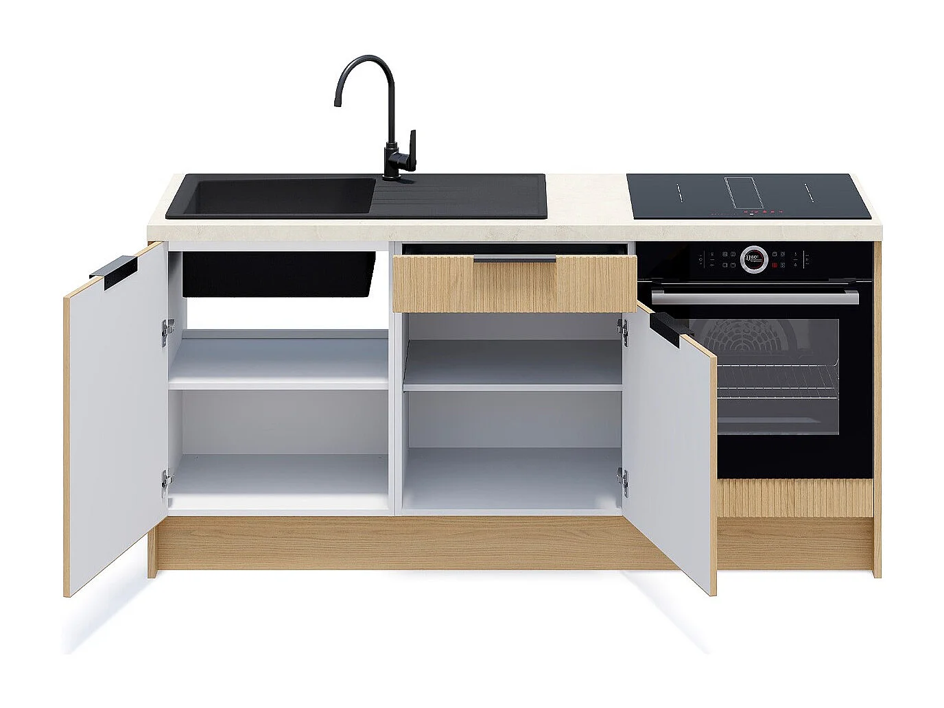 Meubles bas de cuisine - L. 185 cm - chêne clair cannelé - Sierra Mix