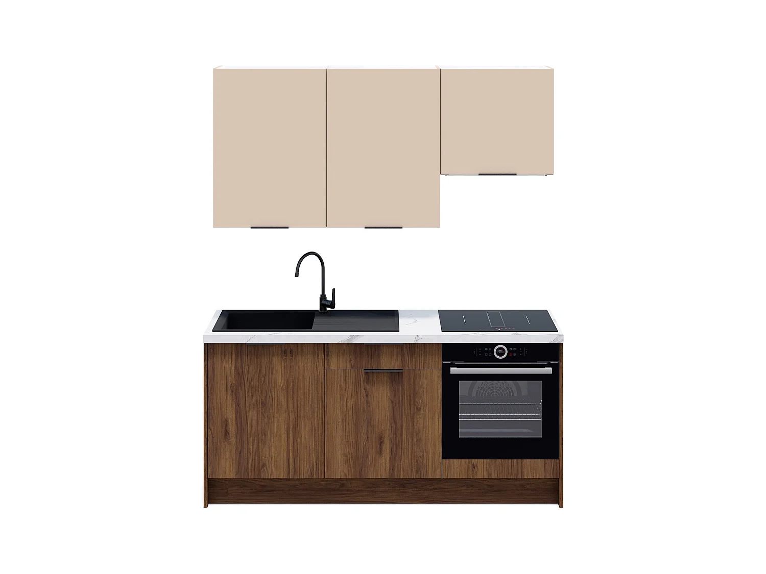 Ensemble de 6 meubles de cuisine - L. 185 cm - noyer brun et cachemire - Sierra Mix