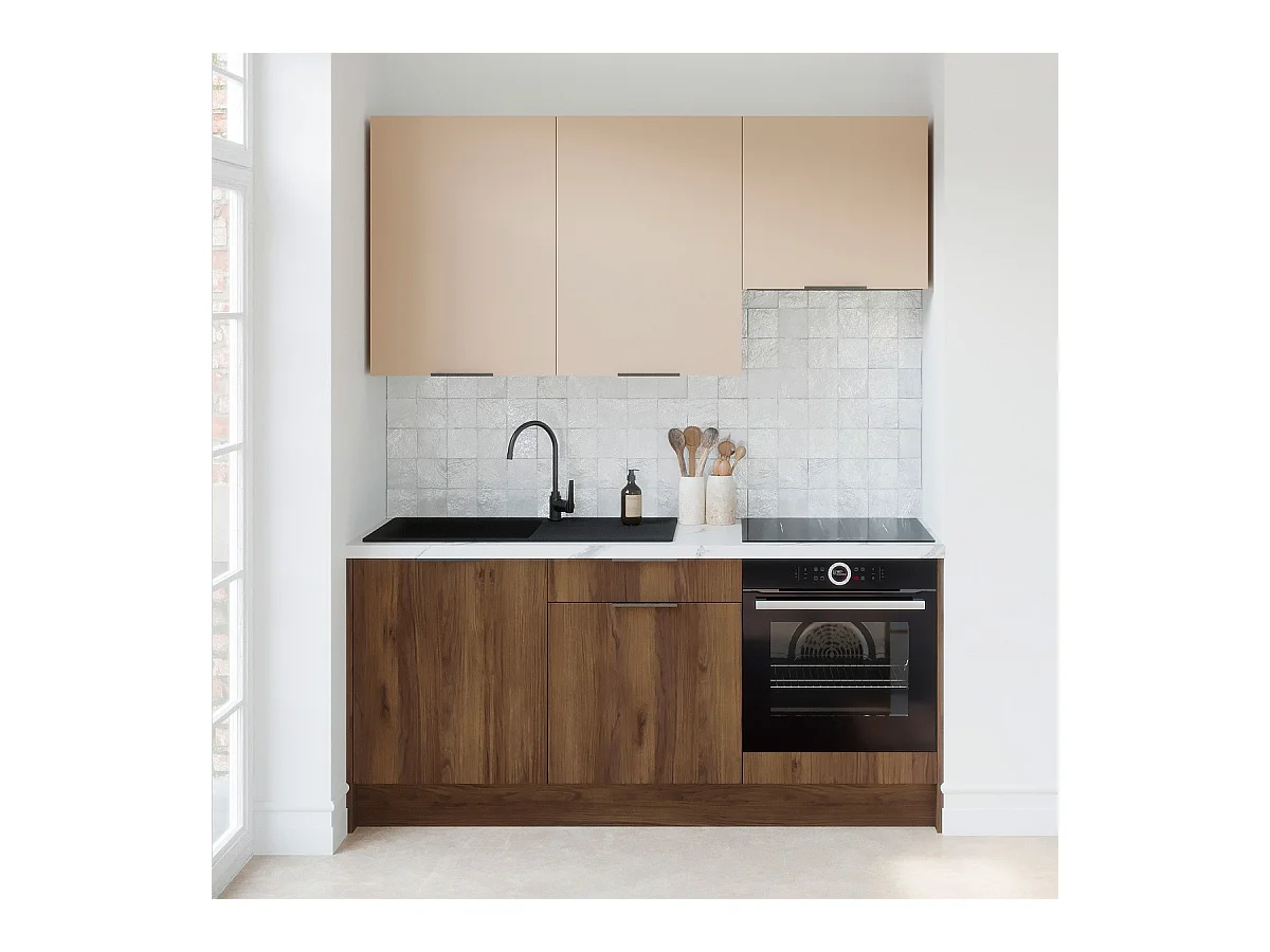 Ensemble de 6 meubles de cuisine - L. 185 cm - noyer brun et cachemire - Sierra Mix