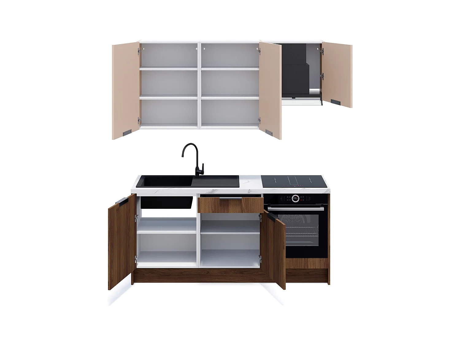 Ensemble de 6 meubles de cuisine - L. 185 cm - noyer brun et cachemire - Sierra Mix