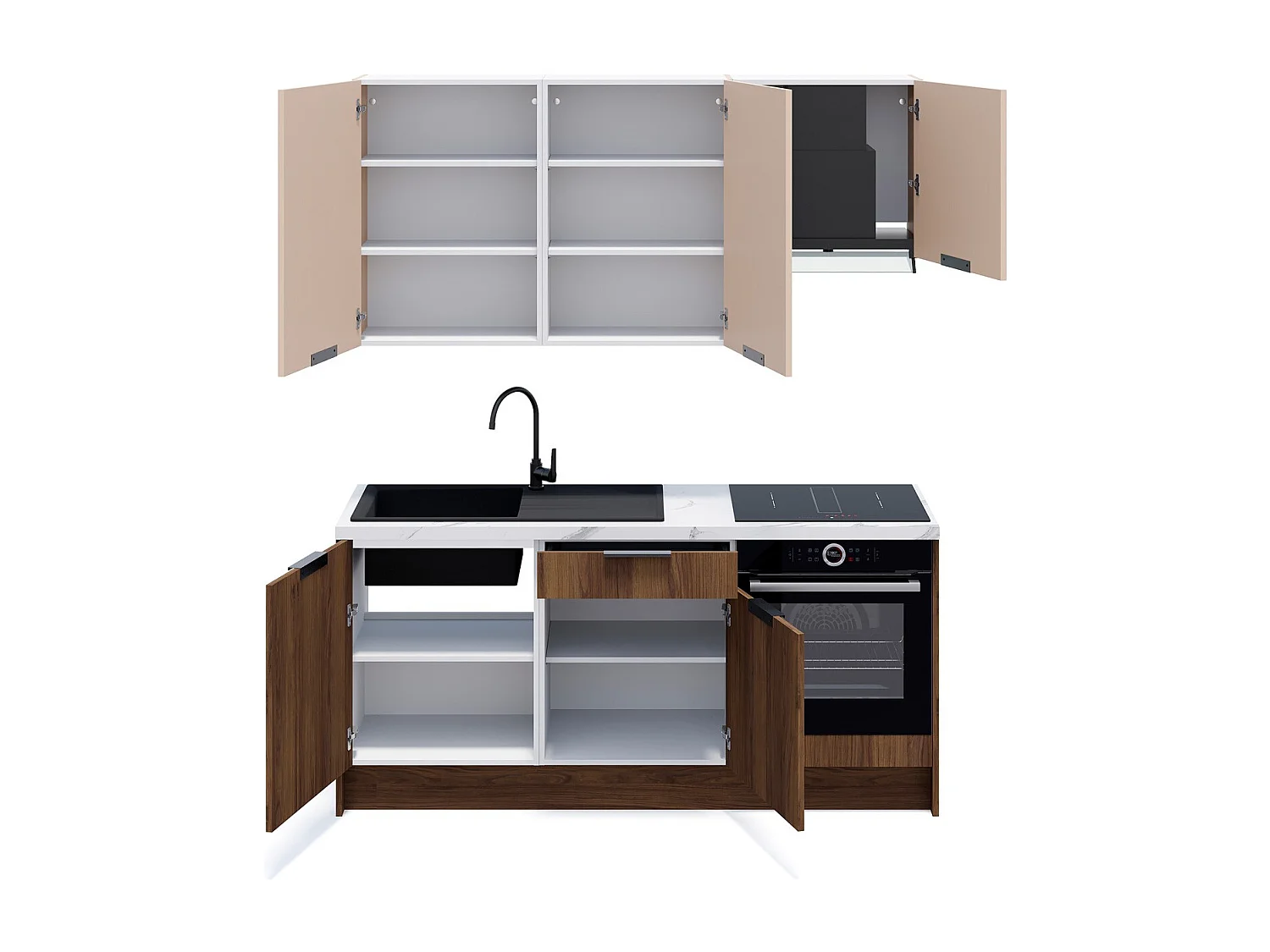 Ensemble de 6 meubles de cuisine - L. 185 cm - noyer brun et cachemire - Sierra Mix