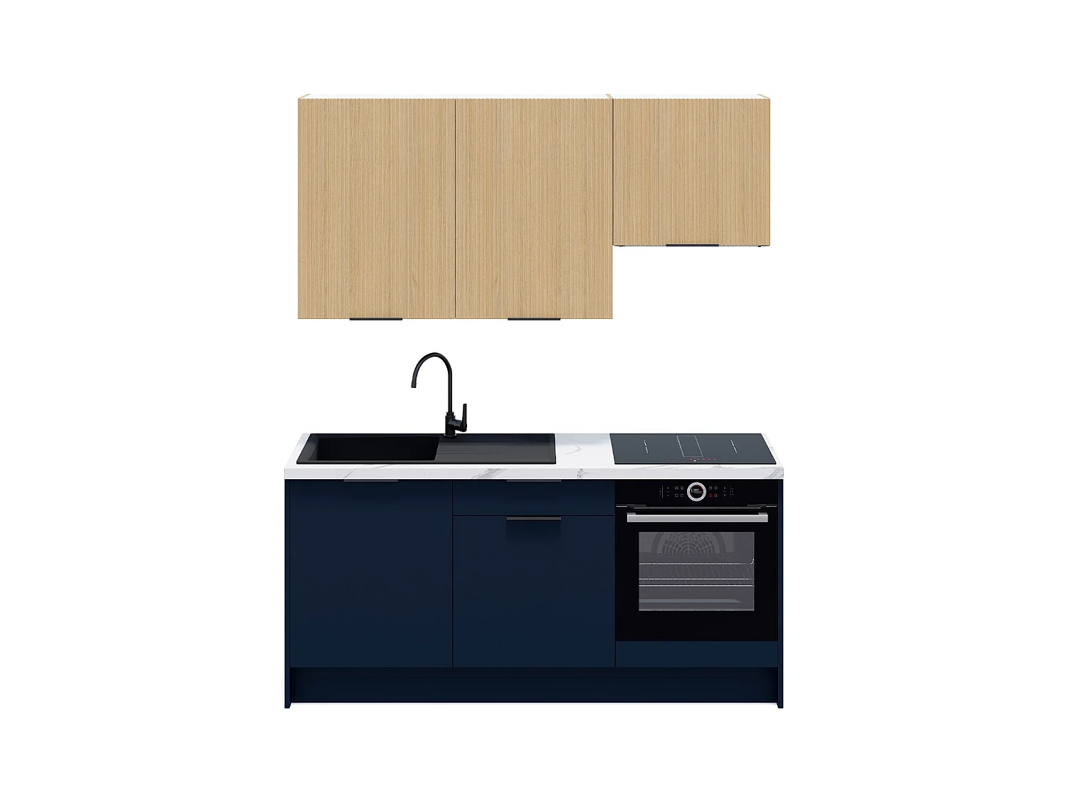 Ensemble de 6 meubles de cuisine - L. 185 cm - bleu marine et chêne clair cannelé - Luzia Mix