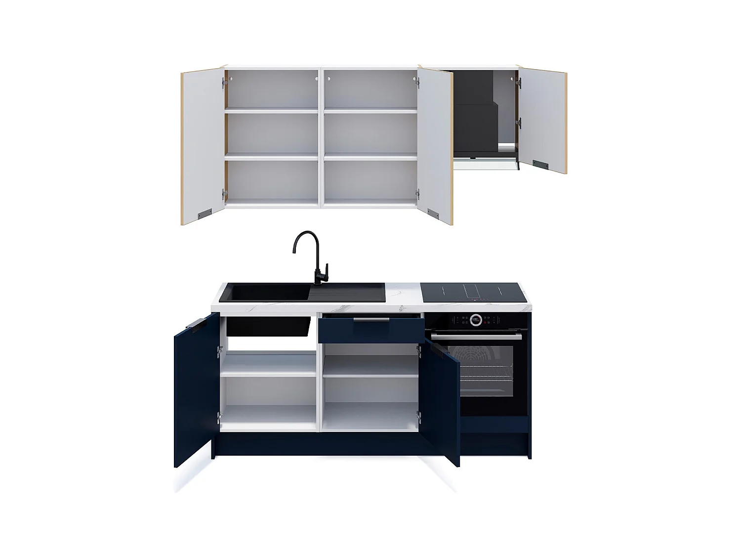 Ensemble de 6 meubles de cuisine - L. 185 cm - bleu marine et chêne clair cannelé - Luzia Mix