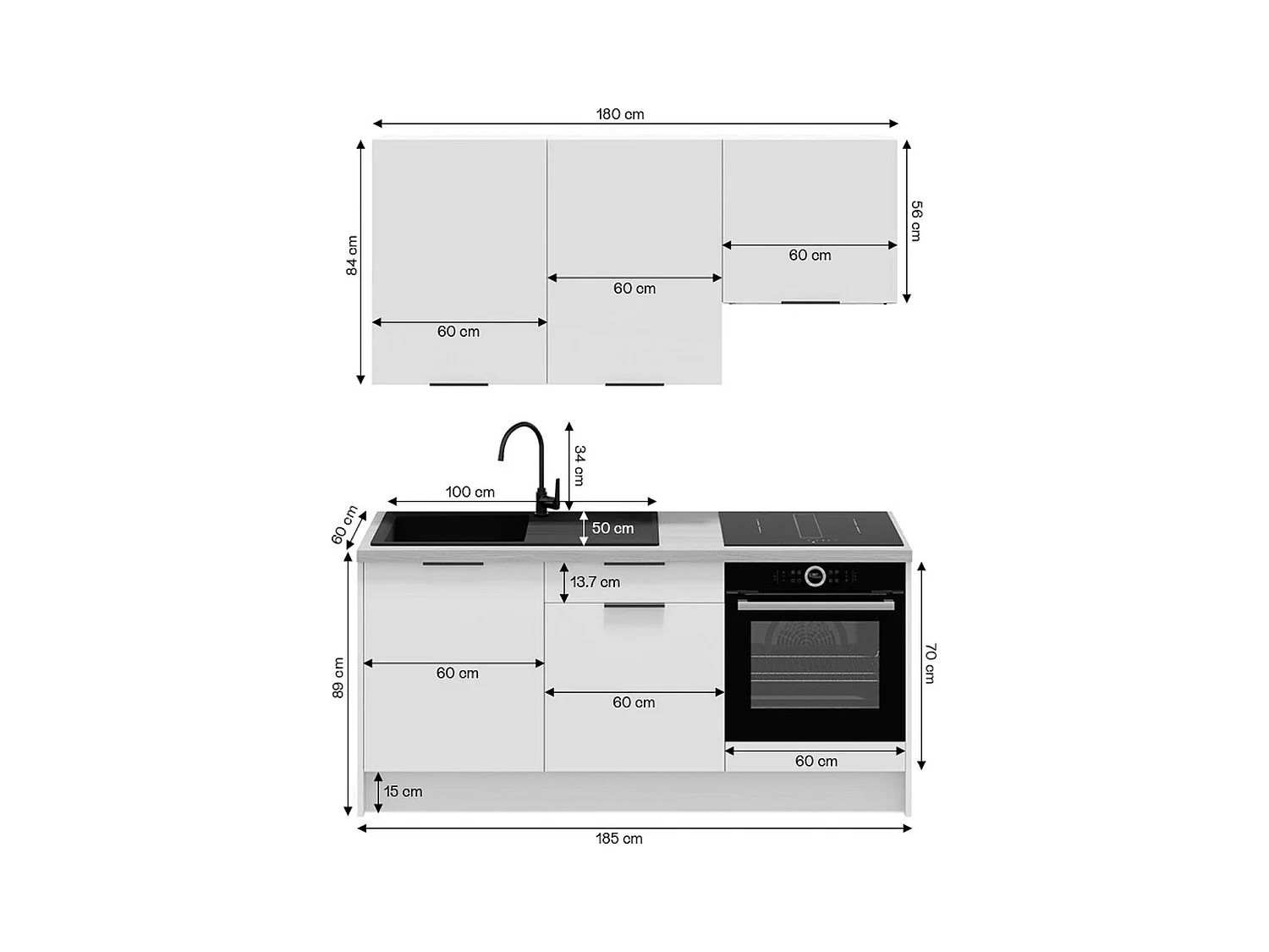 Ensemble de 6 meubles de cuisine - L. 185 cm - bleu marine et chêne clair cannelé - Luzia Mix