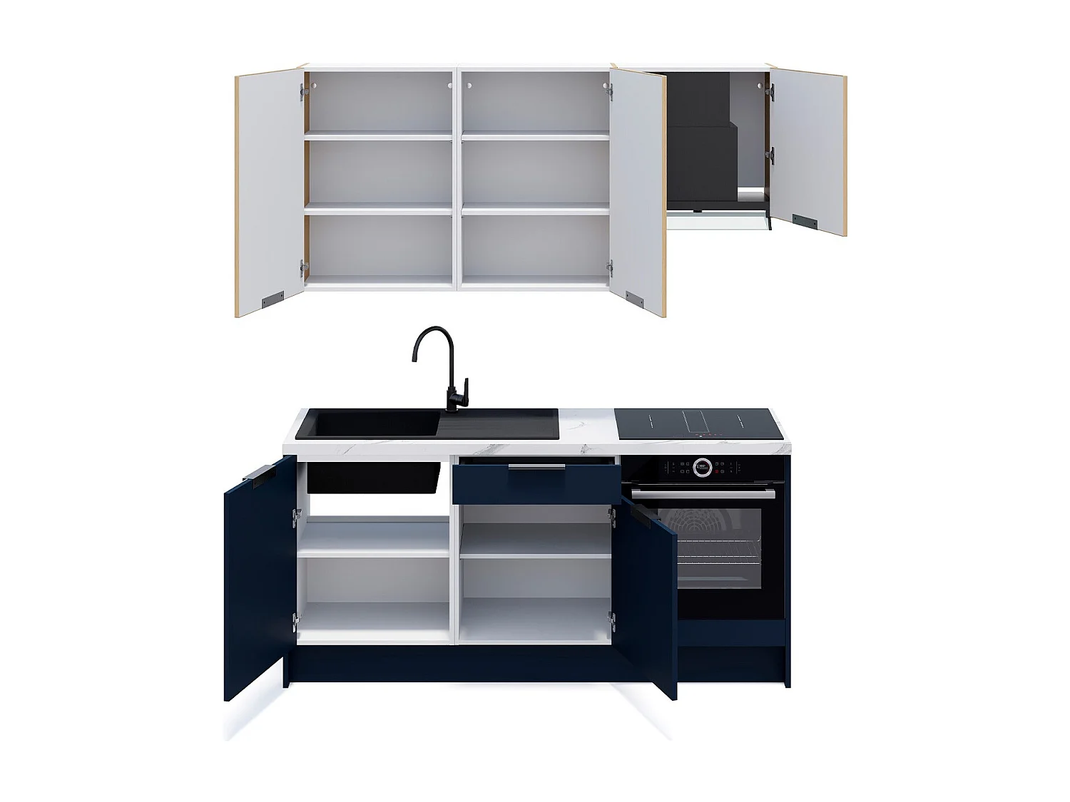 Ensemble de 6 meubles de cuisine - L. 185 cm - bleu marine et chêne clair cannelé - Luzia Mix