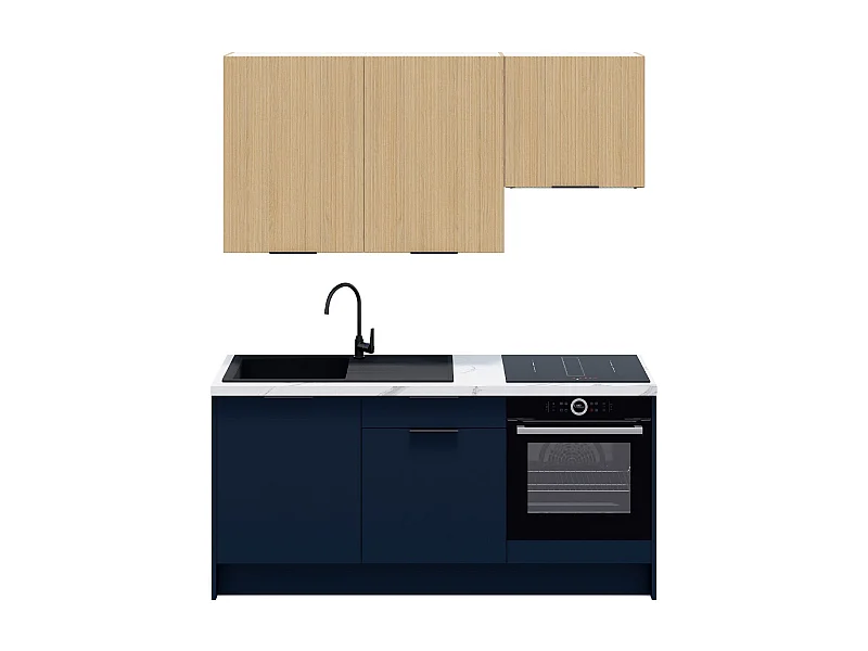 Ensemble de 6 meubles de cuisine - L. 185 cm - bleu marine et chêne clair cannelé - Luzia Mix