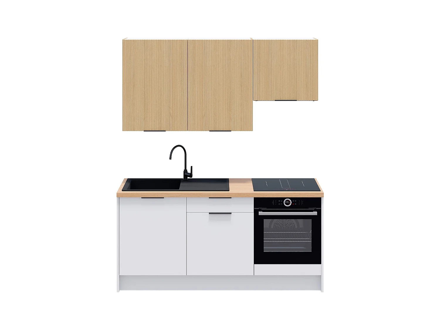 Ensemble de 6 meubles de cuisine - L. 185 cm - blanc et chêne clair cannelé - Luzia Mix