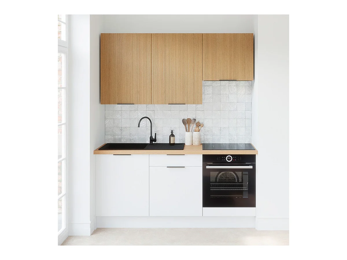 Ensemble de 6 meubles de cuisine - L. 185 cm - blanc et chêne clair cannelé - Luzia Mix