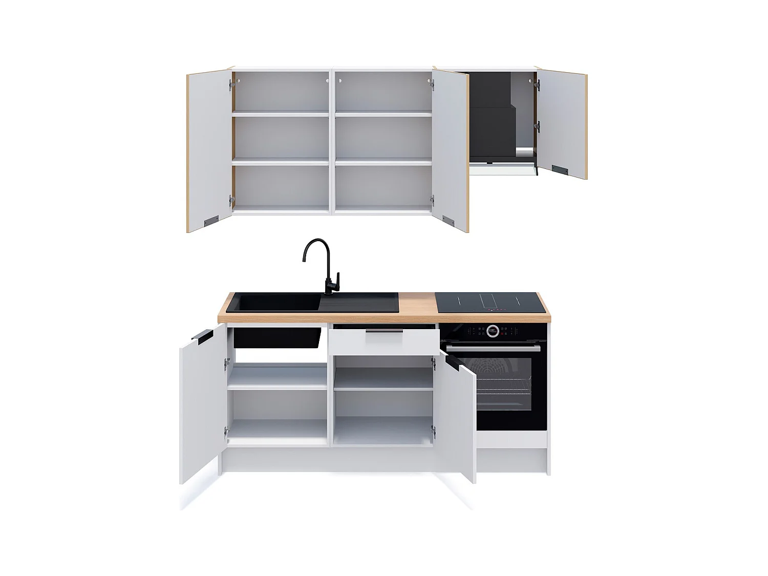 Ensemble de 6 meubles de cuisine - L. 185 cm - blanc et chêne clair cannelé - Luzia Mix