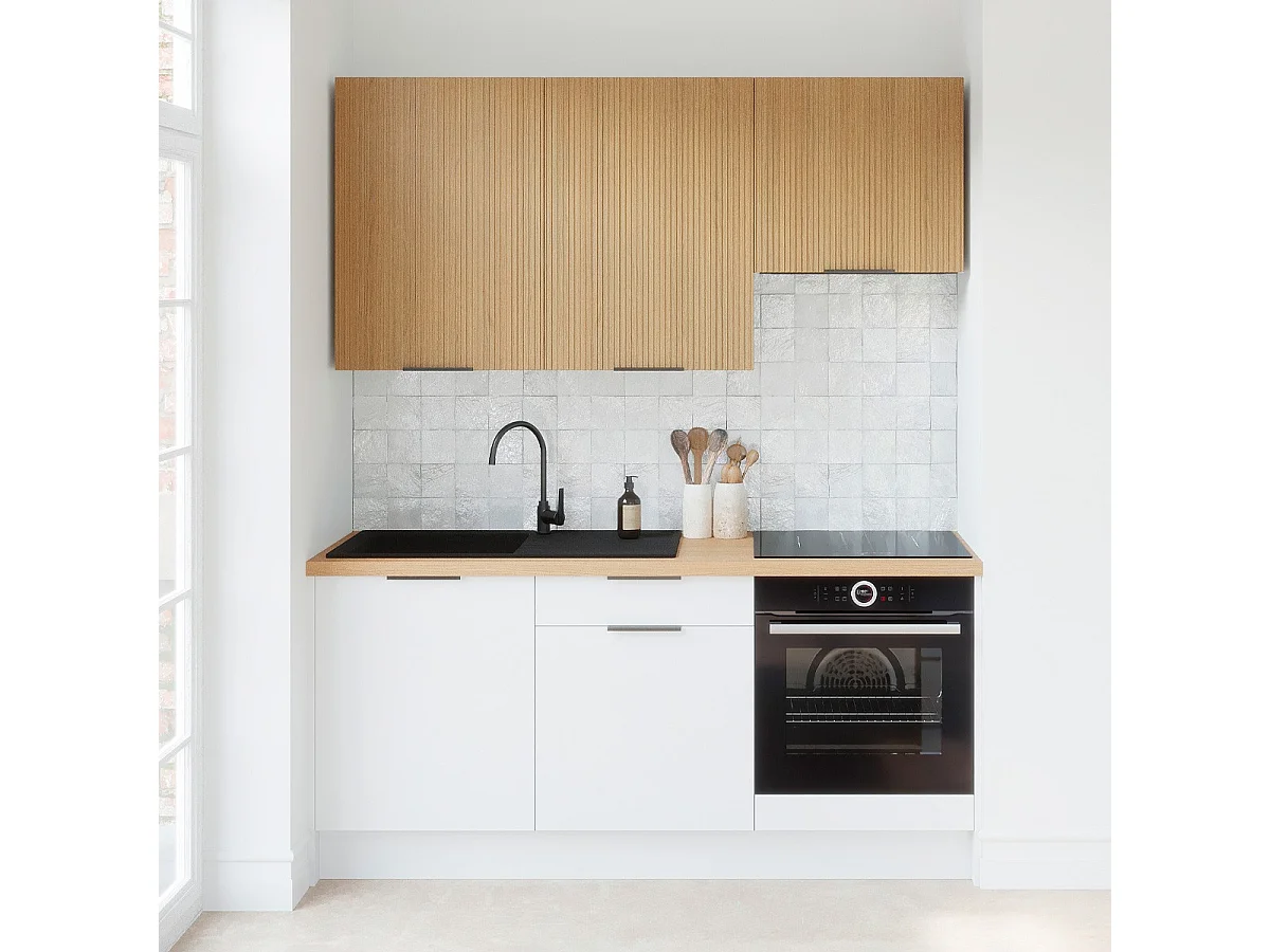 Ensemble de 6 meubles de cuisine - L. 185 cm - blanc et chêne clair cannelé - Luzia Mix