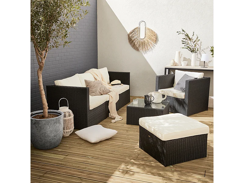 Salotto da giardino in resina intrecciata, 5 posti, nero