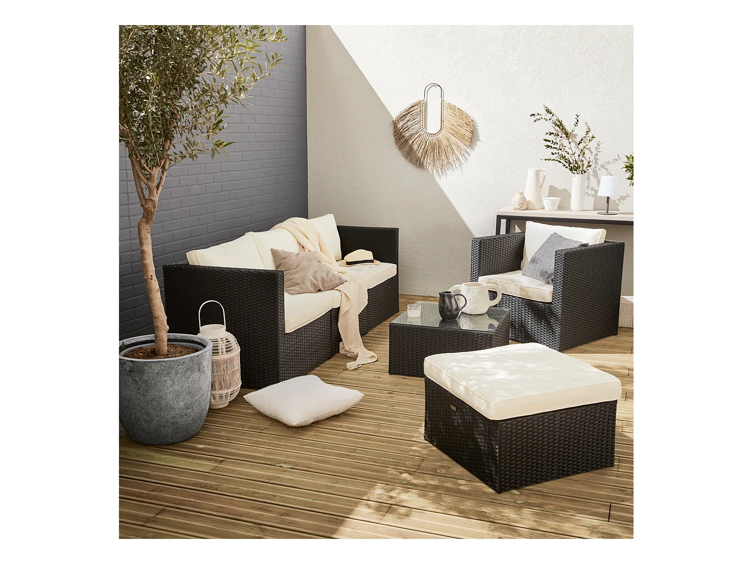 Salotto da giardino in resina intrecciata, 5 posti, nero