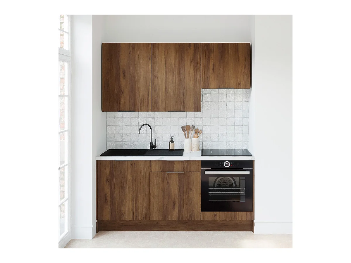 Ensemble de 6 meubles de cuisine - L. 185 cm - noyer brun - Sierra