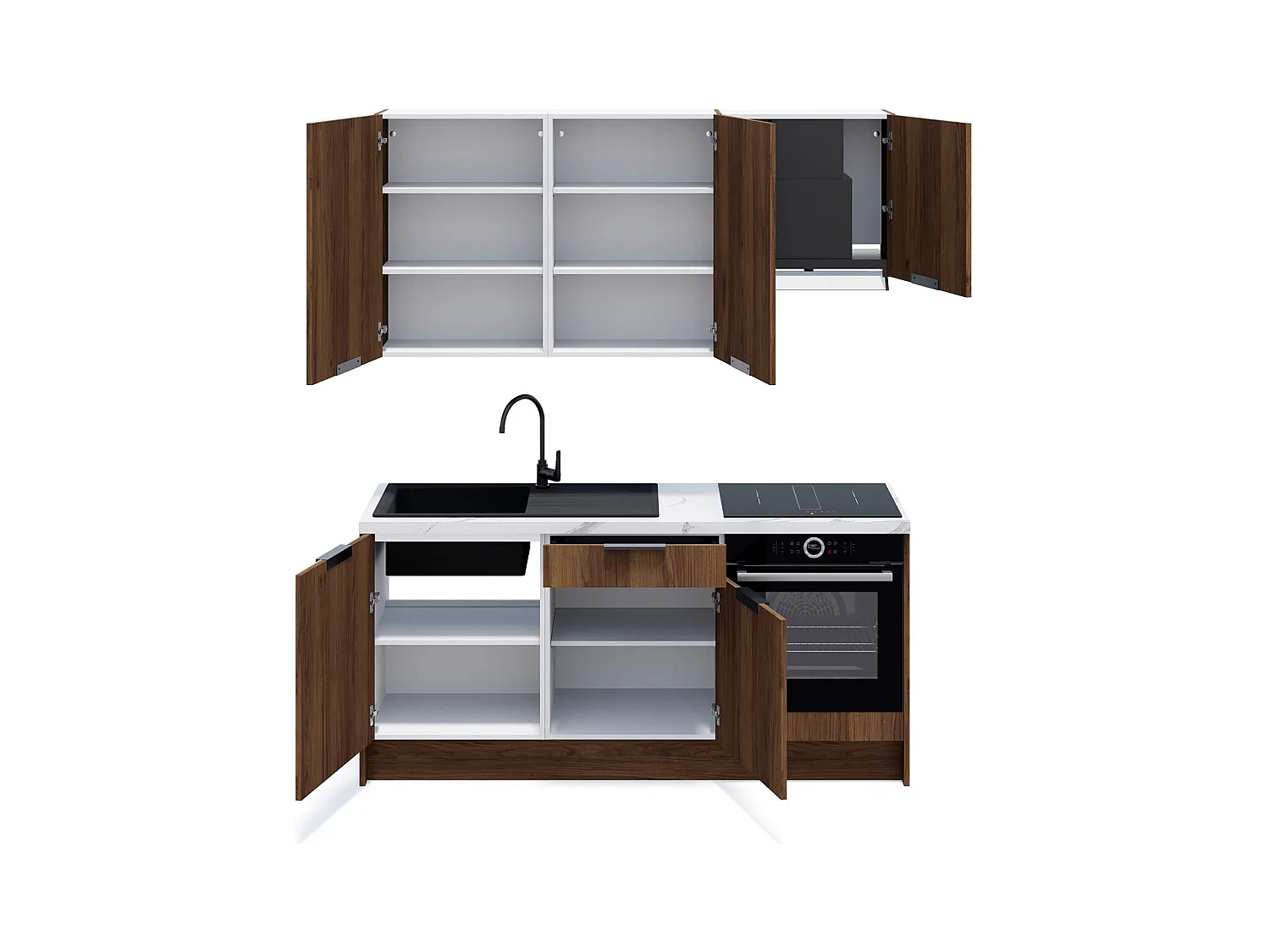 Ensemble de 6 meubles de cuisine - L. 185 cm - noyer brun - Sierra