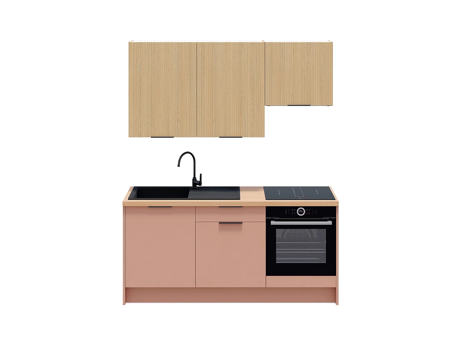 Ensemble de 6 meubles de cuisine - L. 185 cm - abricot et chêne clair cannelé - Luzia Mix