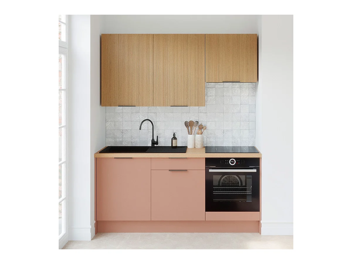 Ensemble de 6 meubles de cuisine - L. 185 cm - abricot et chêne clair cannelé - Luzia Mix