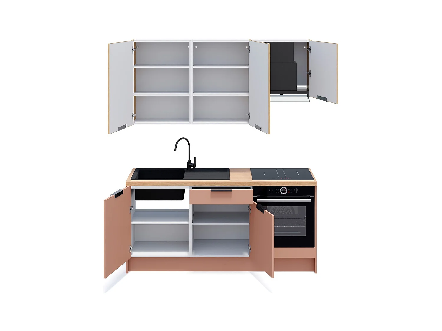 Ensemble de 6 meubles de cuisine - L. 185 cm - abricot et chêne clair cannelé - Luzia Mix