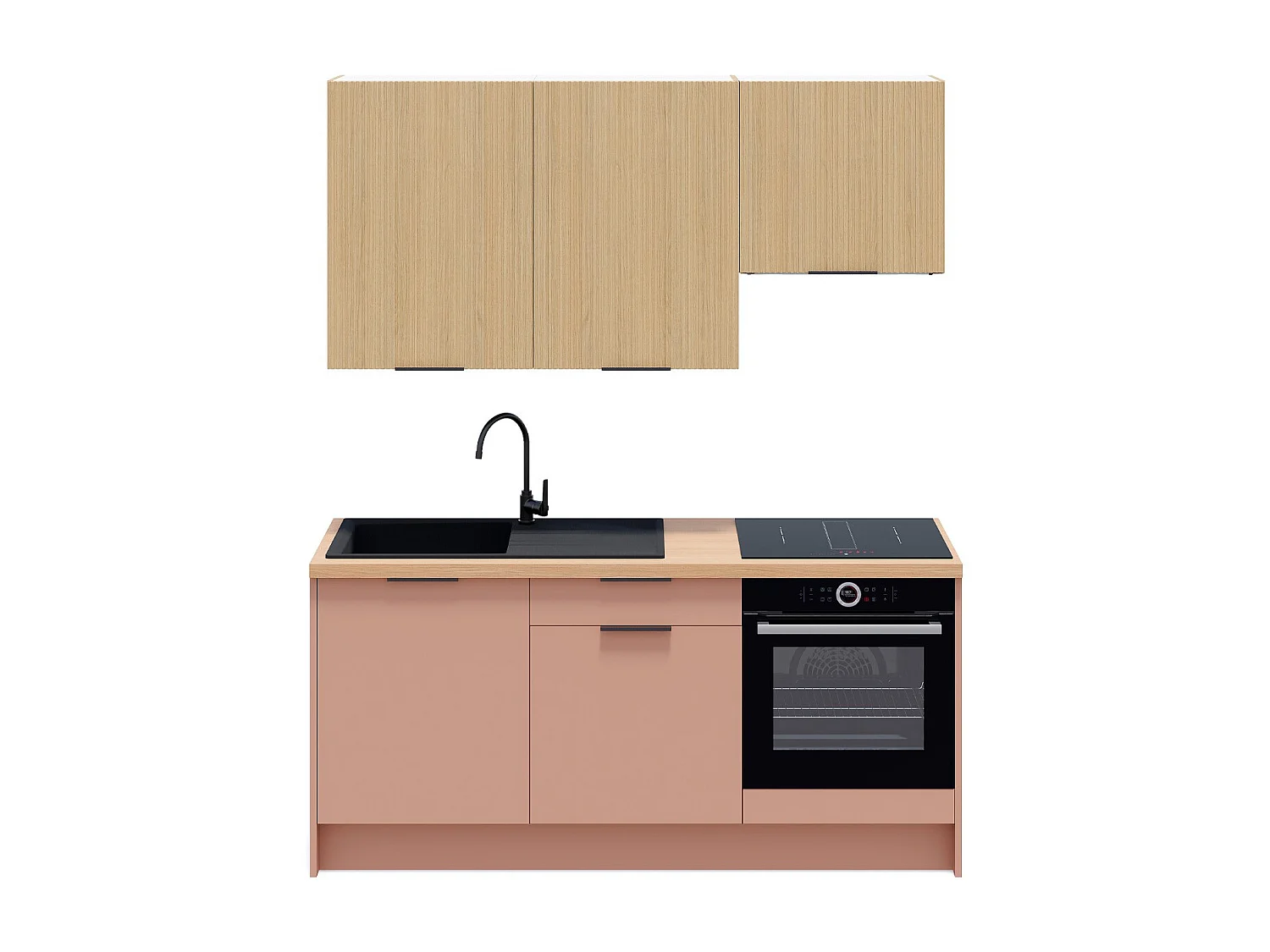 Ensemble de 6 meubles de cuisine - L. 185 cm - abricot et chêne clair cannelé - Luzia Mix