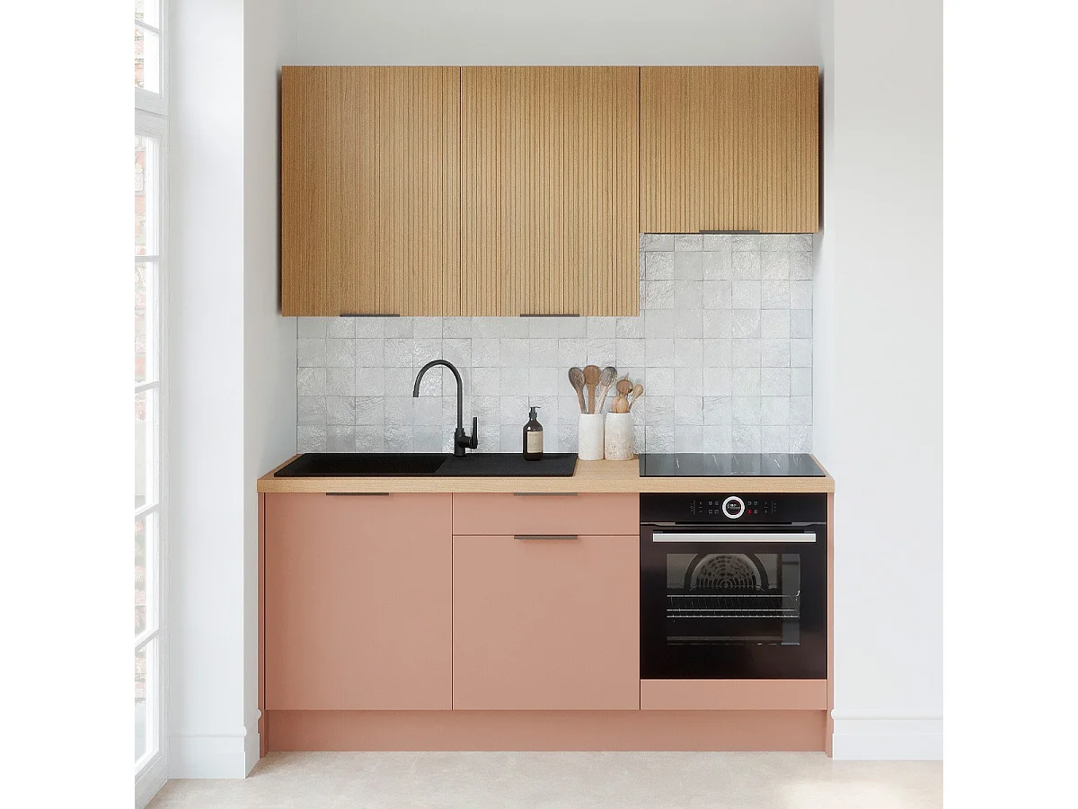 Ensemble de 6 meubles de cuisine - L. 185 cm - abricot et chêne clair cannelé - Luzia Mix