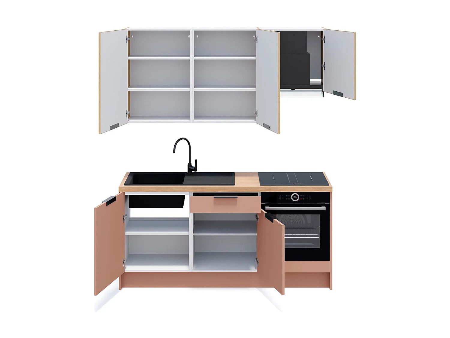 Ensemble de 6 meubles de cuisine - L. 185 cm - abricot et chêne clair cannelé - Luzia Mix