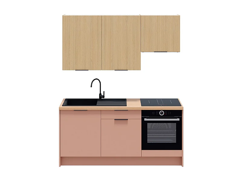 Ensemble de 6 meubles de cuisine - L. 185 cm - abricot et chêne clair cannelé - Luzia Mix