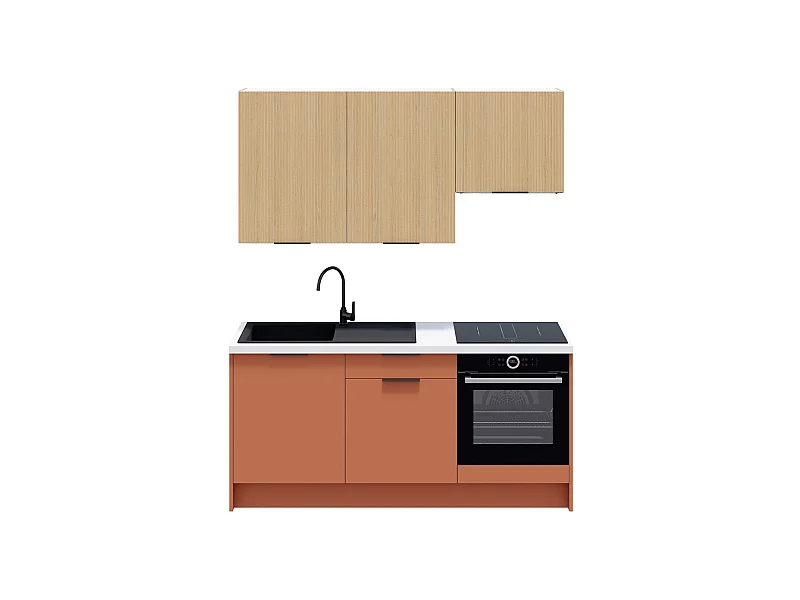 Ensemble de 6 meubles de cuisine - L. 185 cm - terracotta et chêne clair cannelé - Luzia Mix