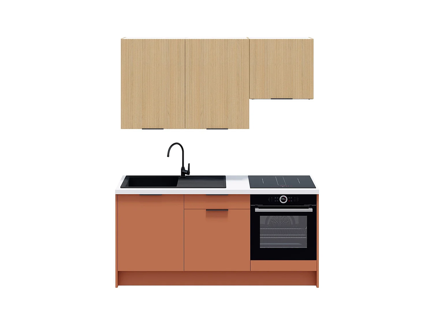 Ensemble de 6 meubles de cuisine - L. 185 cm - terracotta et chêne clair cannelé - Luzia Mix