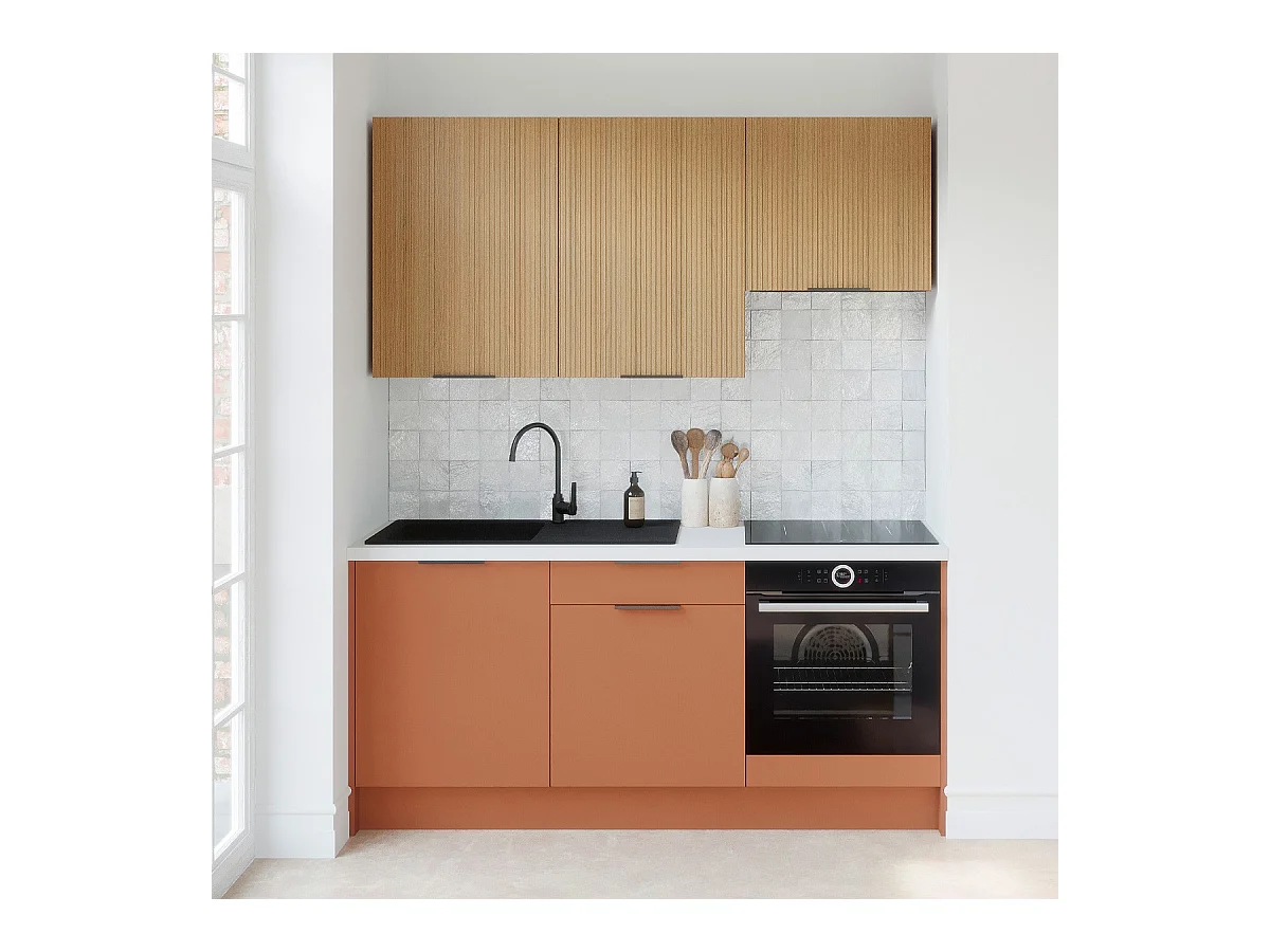 Ensemble de 6 meubles de cuisine - L. 185 cm - terracotta et chêne clair cannelé - Luzia Mix