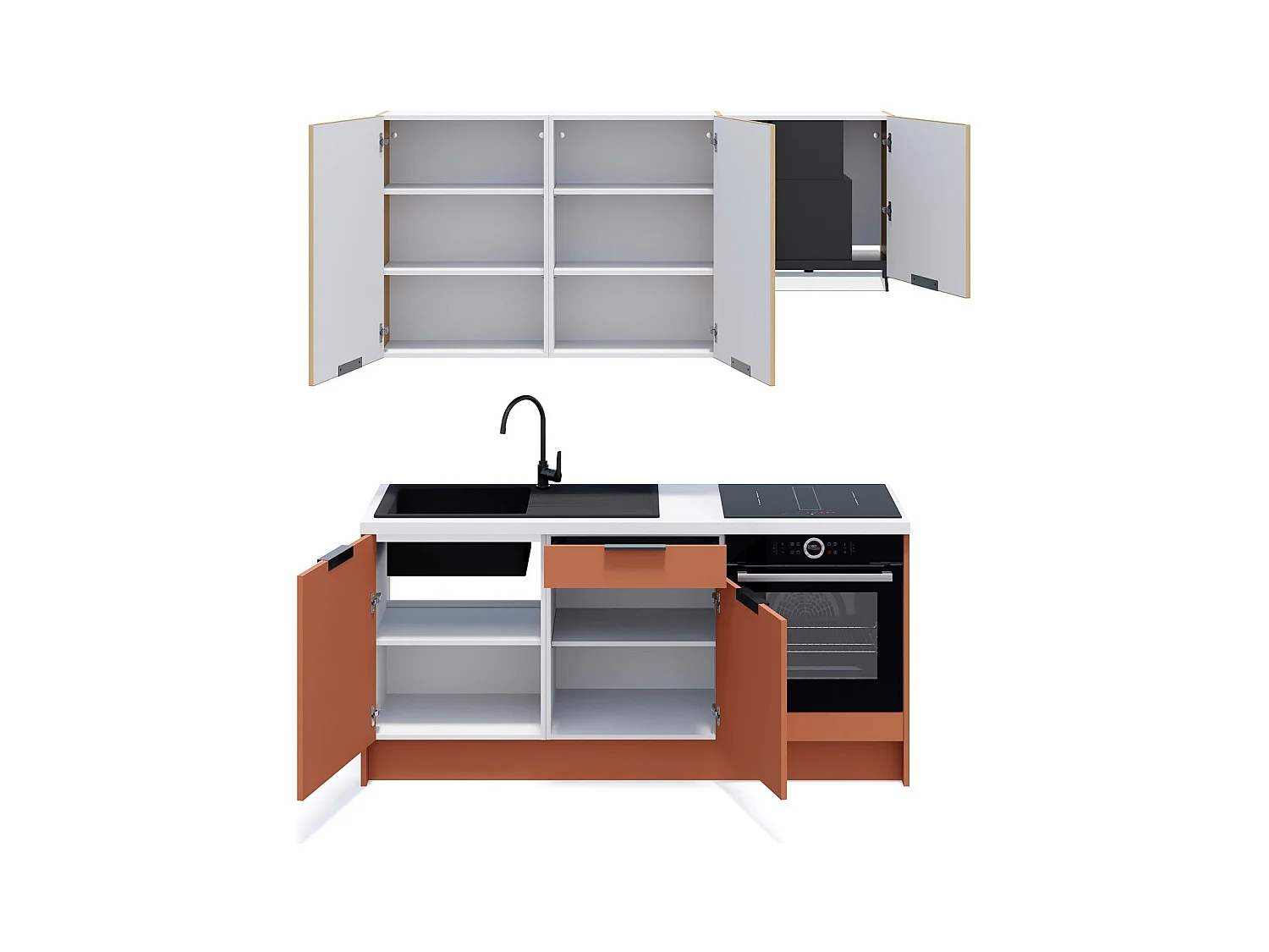 Ensemble de 6 meubles de cuisine - L. 185 cm - terracotta et chêne clair cannelé - Luzia Mix