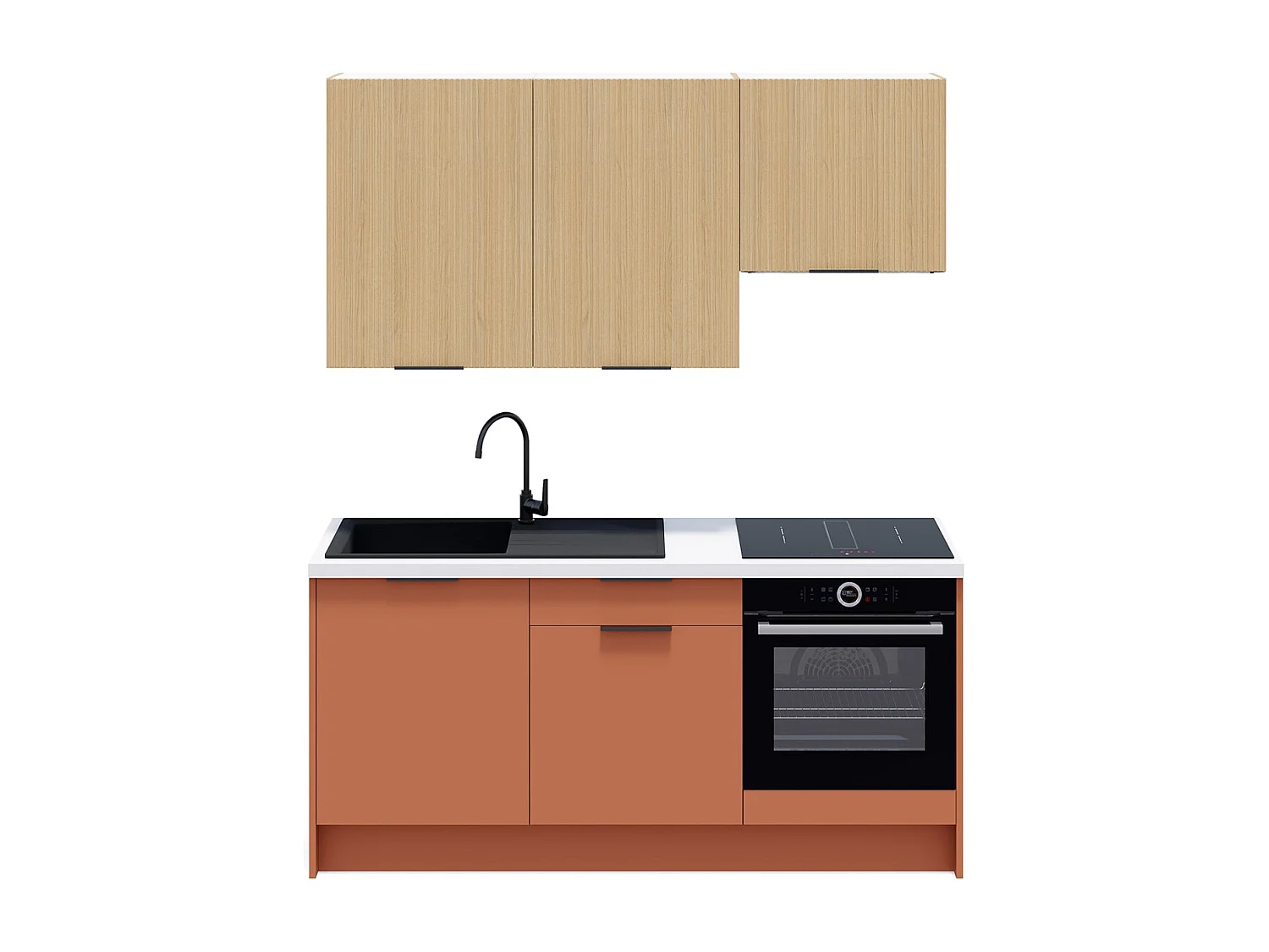 Ensemble de 6 meubles de cuisine - L. 185 cm - terracotta et chêne clair cannelé - Luzia Mix