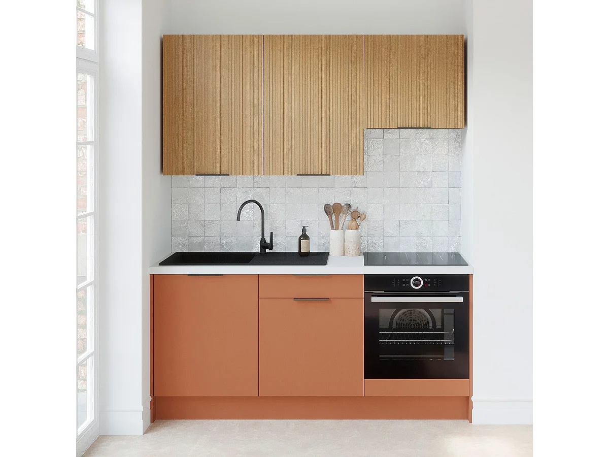 Ensemble de 6 meubles de cuisine - L. 185 cm - terracotta et chêne clair cannelé - Luzia Mix