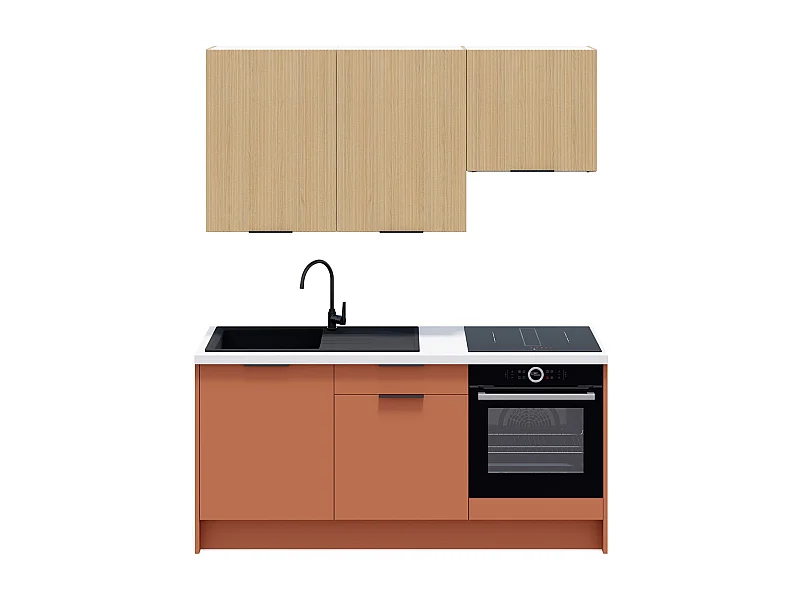 Ensemble de 6 meubles de cuisine - L. 185 cm - terracotta et chêne clair cannelé - Luzia Mix