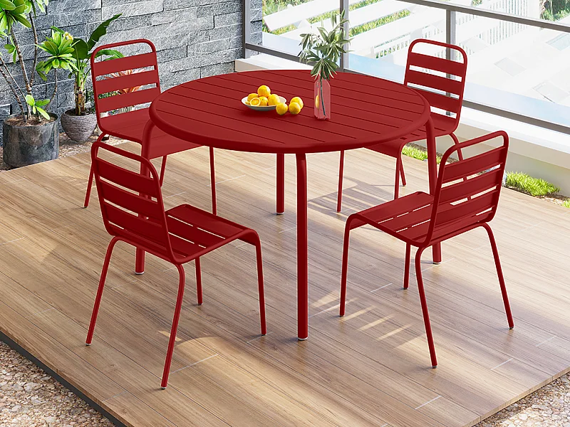 Garten-Essgruppe - Metall - Tisch D110 cm & 4 stapelbare Stühle - Rot - MIRMANDE von MYLIA