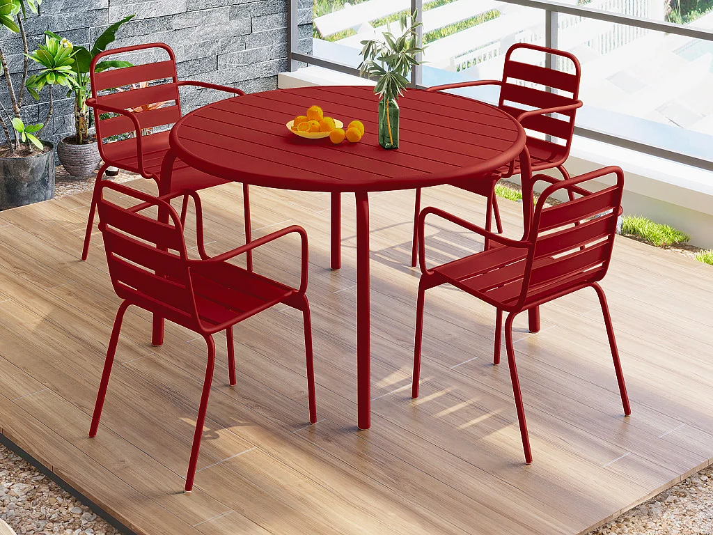 Salle à manger de jardin en métal - une table D.110 cm et 4 fauteuils empilables - Rouge - MIRMANDE de MYLIA