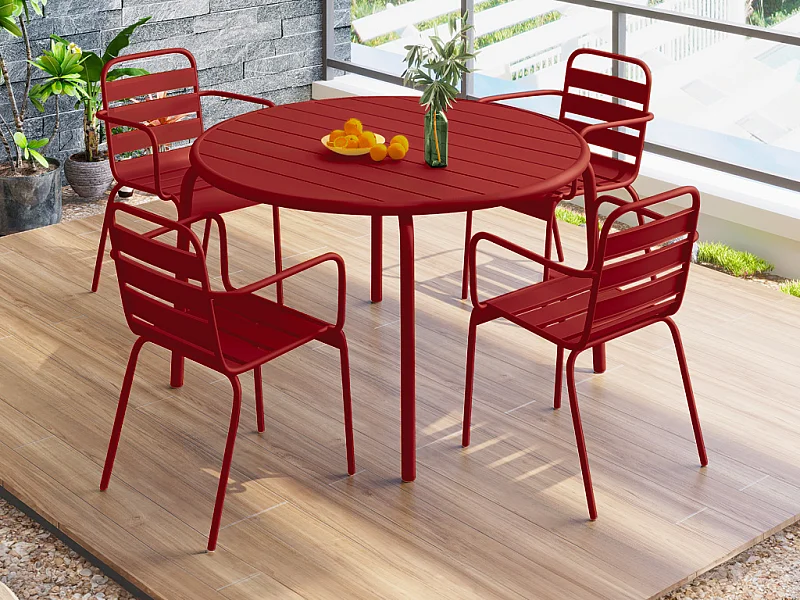 Garten-Essgruppe - Metall - Tisch D110 cm & 4 stapelbare Sessel - Rot - MIRMANDE von MYLIA