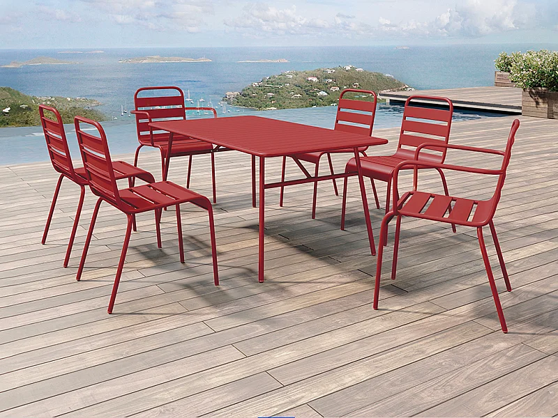 Garten-Essgruppe - Metall - Tisch L160 cm & 2 stapelbare Sessel & 4 stapelbare Stühle - Rot - MIRMANDE von MYLIA