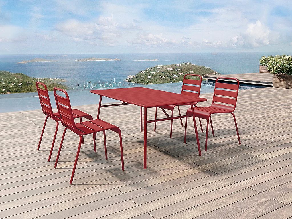 Salle à manger de jardin en métal - une table L.160 cm et 4 chaises empilables - Rouge - MIRMANDE de MYLIA