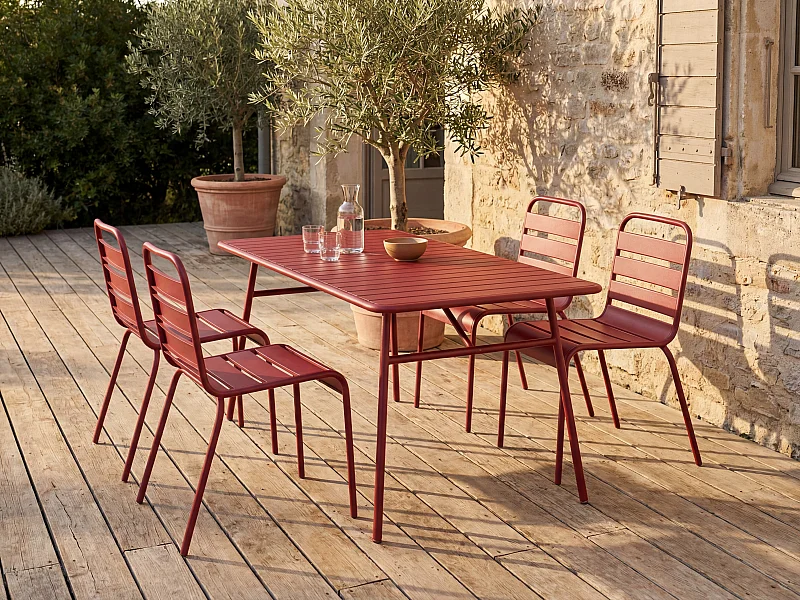 Garten-Essgruppe - Metall - Tisch L160 cm & 4 stapelbare Stühle - Rot - MIRMANDE von MYLIA