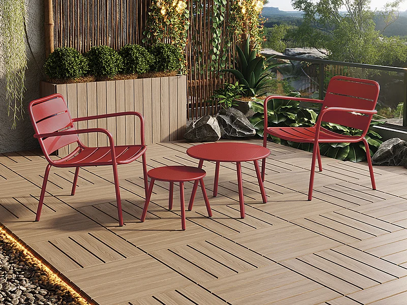 Metalen tuinset - 2 stapelbare lage fauteuils en bijzettafels - Rood - MIRMANDE van MYLIA