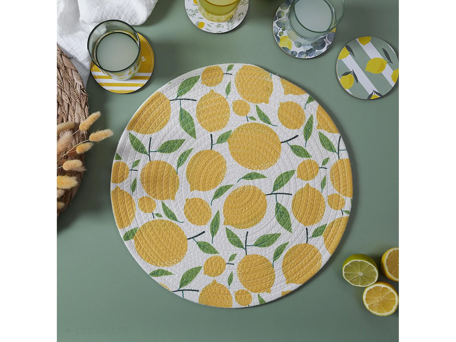 Lot de 2 sets de table en polyester rond 38 cm collection LIMONE motifs citrons jaune