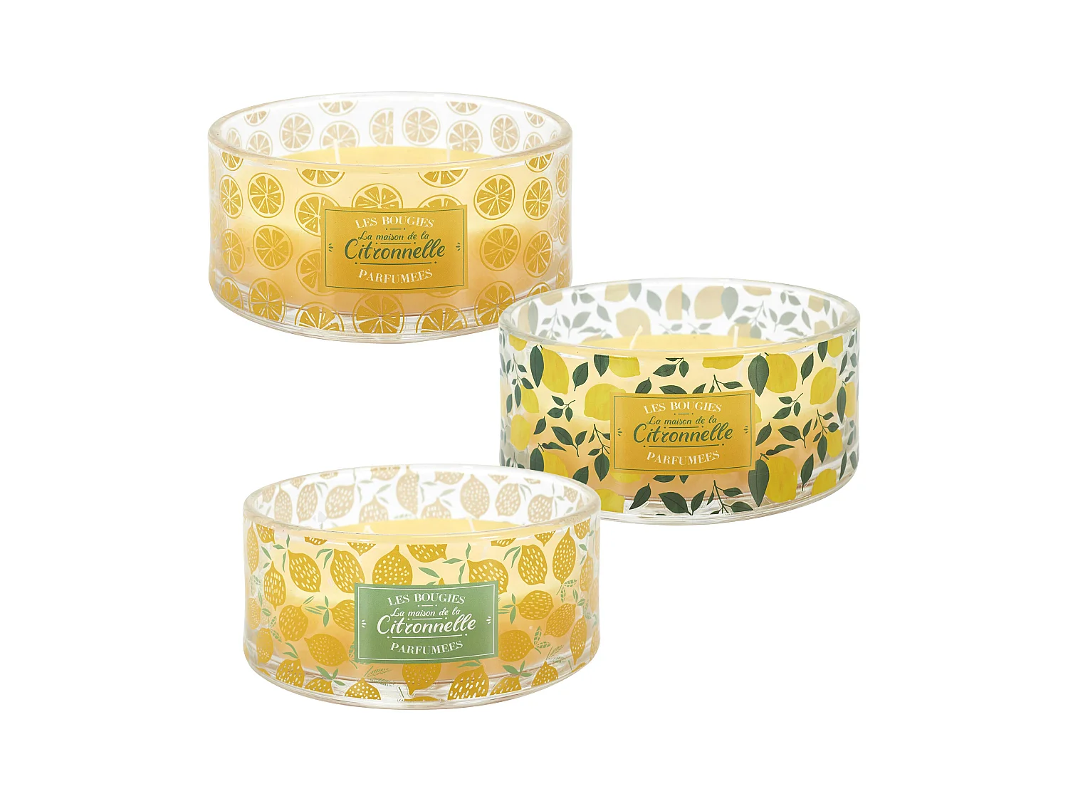 Lot de 3 bougies parfumées 4 mèches LIMONE à la cire de paraffine senteur citronnelle motif citron