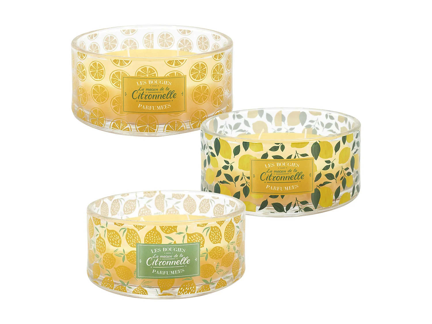 Lot de 3 bougies parfumées 4 mèches LIMONE à la cire de paraffine senteur citronnelle motif citron
