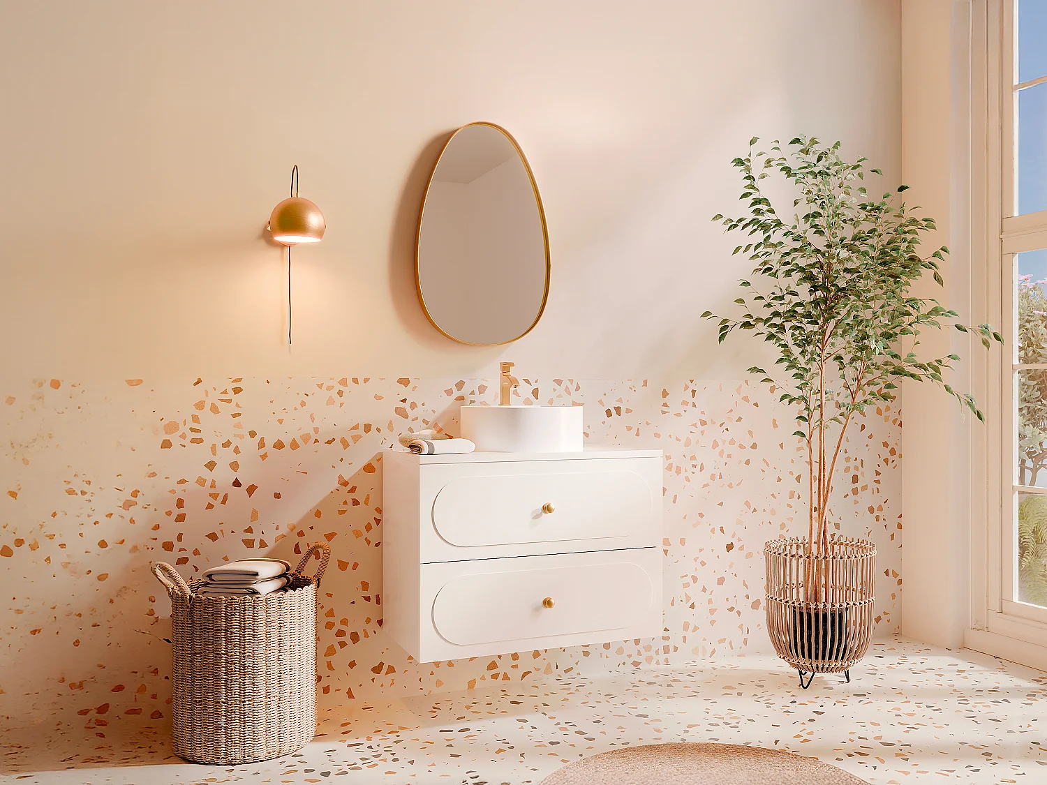 Meuble de salle de bain suspendu  avec vasque à poser ronde - Blanc - 80 cm - SATOBAL